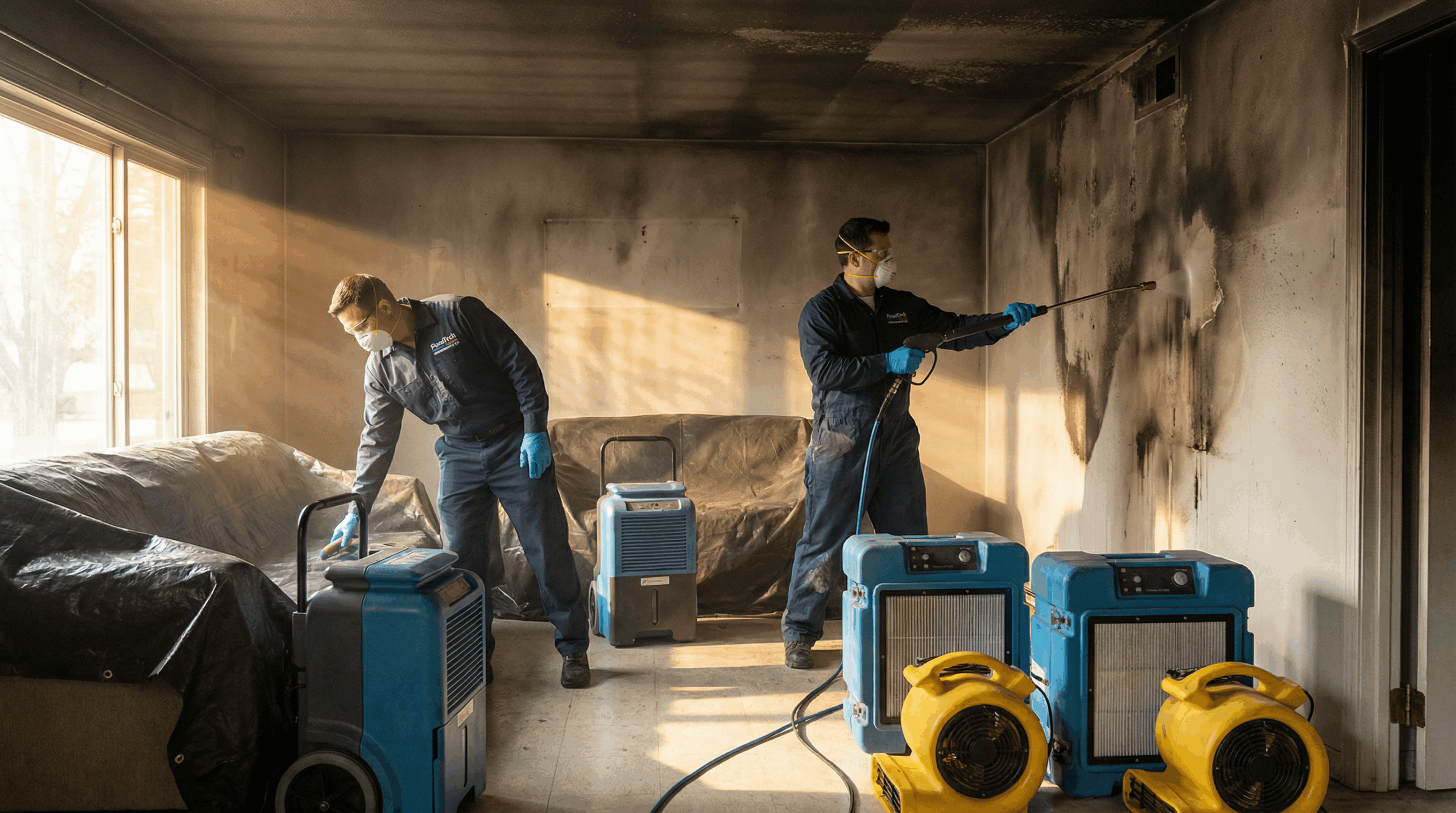 FloodTech USA biohazard technicians in yellow protective hazmat suits performing emergency sewage backup cleanup, operating industrial extraction pumps and removing contaminated materials in red biohazard waste bags