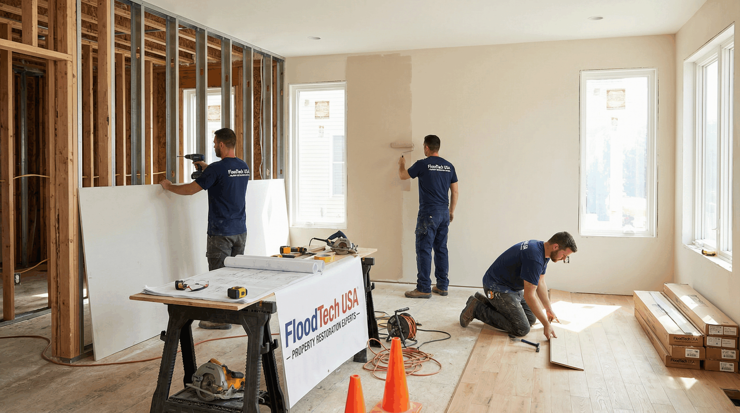 Full-Service Reconstruction & Structural Repairs | FloodTech USA FloodTech USA reconstruction team performing structural repairs and renovation, installing drywall, painting walls, and laying hardwood flooring in a partially restored interior space