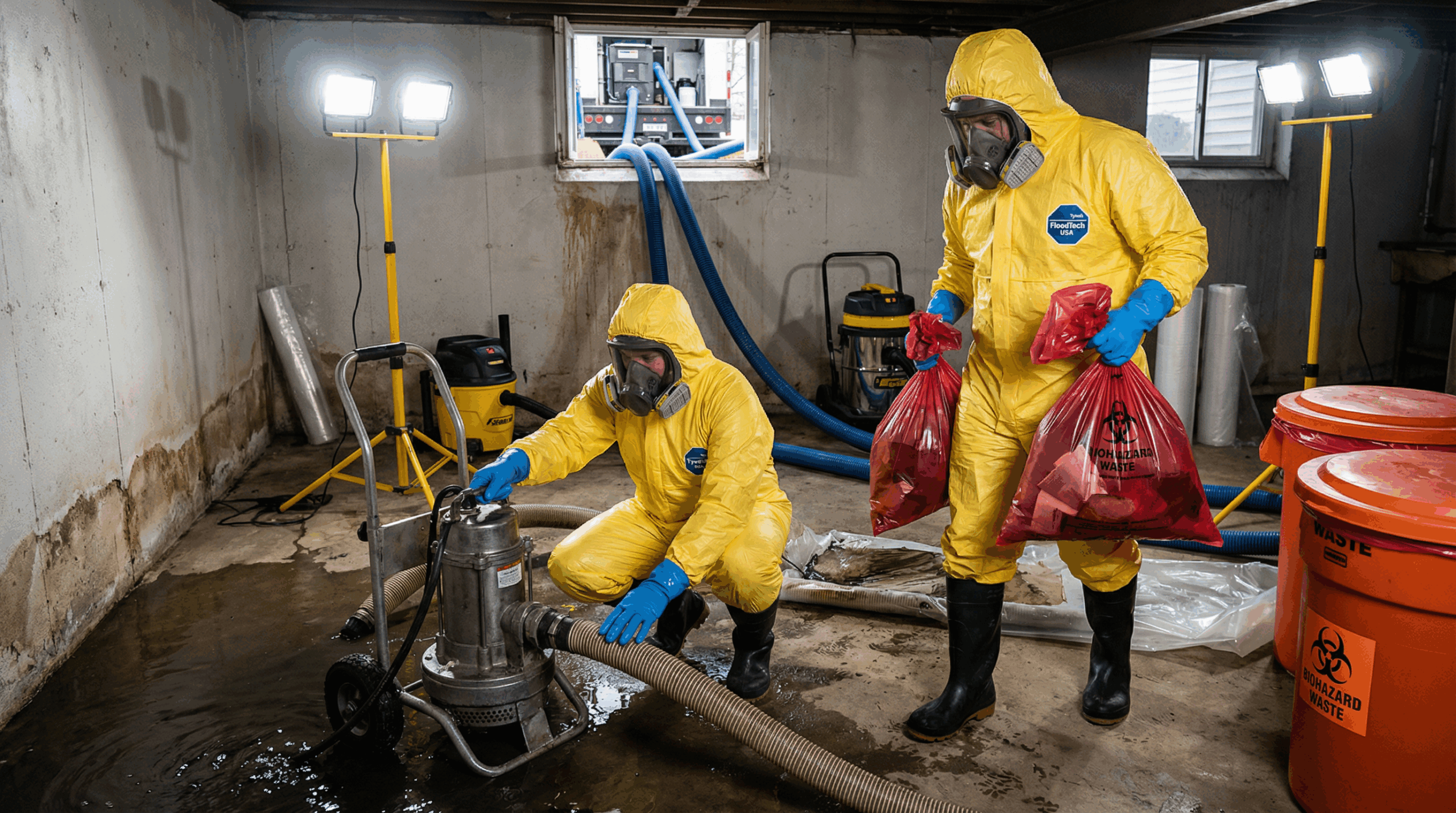 24/7 Emergency Sewage Backup Cleanup & Biohazard Remediation | FloodTech USA FloodTech USA biohazard technicians in yellow protective hazmat suits performing emergency sewage backup cleanup, operating industrial extraction pumps and removing contaminated materials in red biohazard waste bags