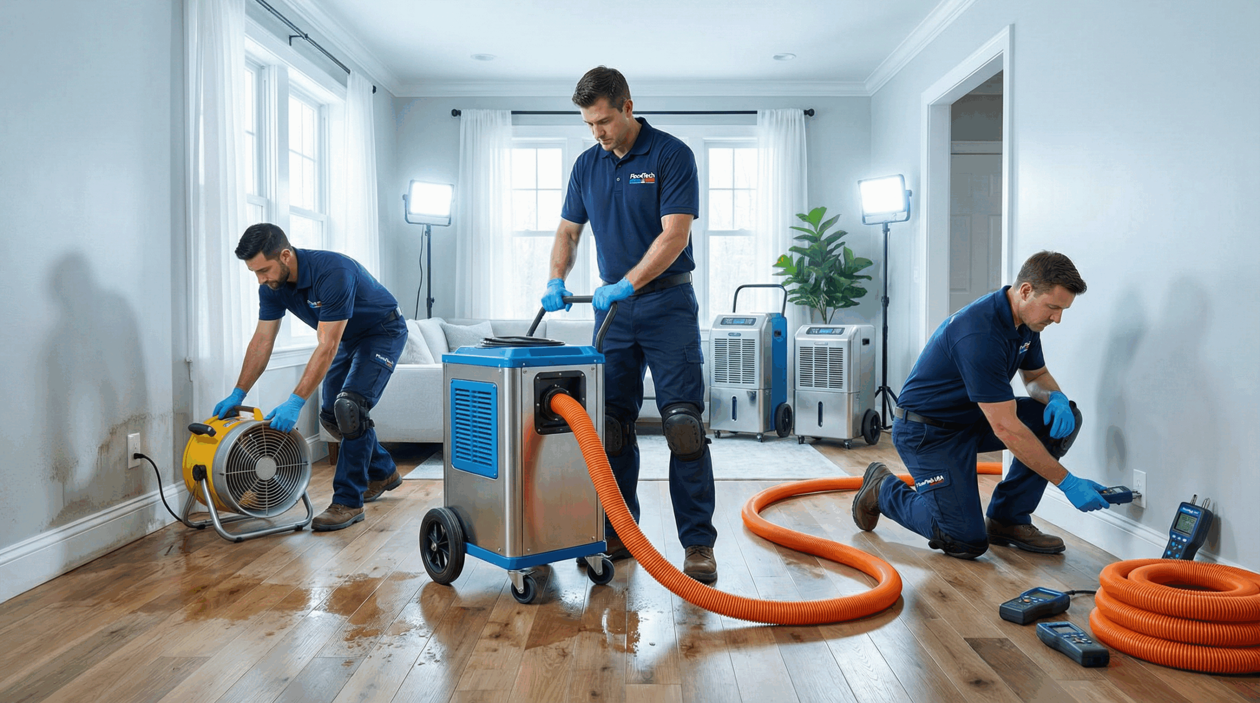 FloodTech USA technicians performing professional water damage restoration with industrial drying equipment inside a residential home